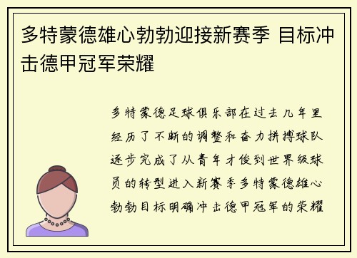 多特蒙德雄心勃勃迎接新赛季 目标冲击德甲冠军荣耀